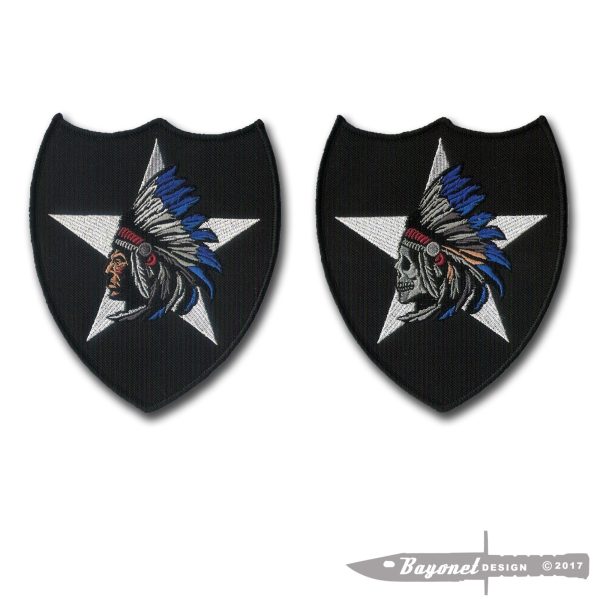 Pair of 2nd Infantry Division "Indian Head" and Indian Skull Head" Embroidered Patches (Each Patch is 4 1/4" X 5" and has a wax backing (Iron On)) 