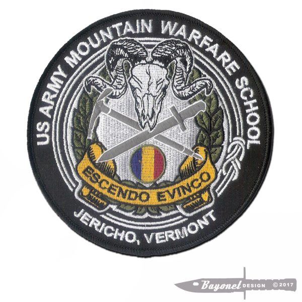 US Army Mountain Warfare School Embroidered Patch - 5" Diameter, Merrowed Edge, Wax Backing (Jericho, Vermont)