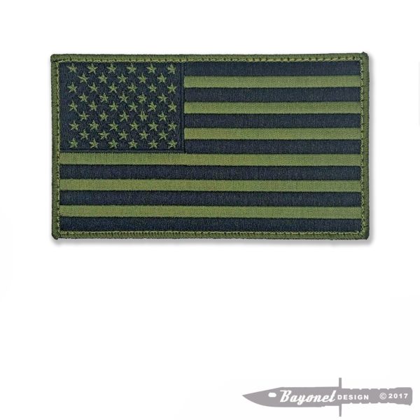 US American Flag Patch (OD GREEN) Large 5" X 3"  - Hook and Loop (Velcro) Backing - Patriot - American - US Veteran