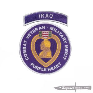 Purple Heart Embroidered Patch with "IRAQ" Tab - Military Merit - 4 1/2" Diameter Circular Patch with Tab - Wax Backing (Iron On)