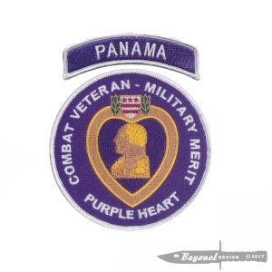 Purple Heart Embroidered Patch with "PANAMA" Tab - Military Merit - 4 1/2" Diameter Circular Patch with Tab - Wax Backing (Iron On)
