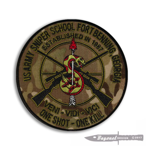 US Army Sniper School embroidered patch 5" diameter, Wax backing - MULTICAM - One Shot, One Kill